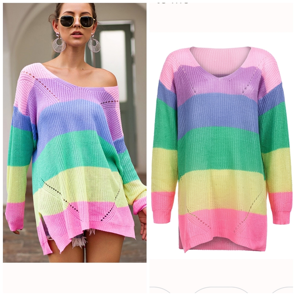 Rainbow Striped Long‎ Sleeve Knitted V-Neck Sweater Size S.